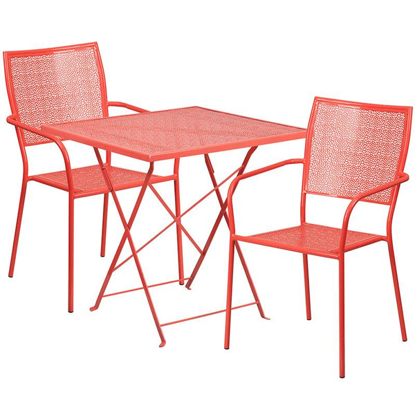 Flash Furniture 28'' Square Coral Indoor-Outdoor Steel Folding Patio Table Set with 2 Square Back Chairs - CO-28SQF-02CHR2-RED-GG