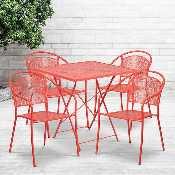 Flash Furniture 28'' Square Coral Indoor-Outdoor Steel Folding Patio Table Set with 4 Round Back Chairs - CO-28SQF-03CHR4-RED-GG