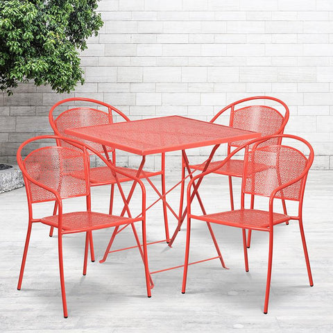 Flash Furniture 28'' Square Coral Indoor-Outdoor Steel Folding Patio Table Set with 4 Round Back Chairs - CO-28SQF-03CHR4-RED-GG