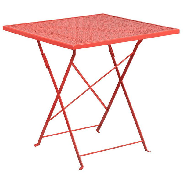 Flash Furniture 28'' Square Coral Indoor-Outdoor Steel Folding Patio Table Set with 4 Round Back Chairs - CO-28SQF-03CHR4-RED-GG