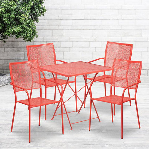 Flash Furniture 28'' Square Coral Indoor-Outdoor Steel Folding Patio Table Set with 4 Square Back Chairs - CO-28SQF-02CHR4-RED-GG