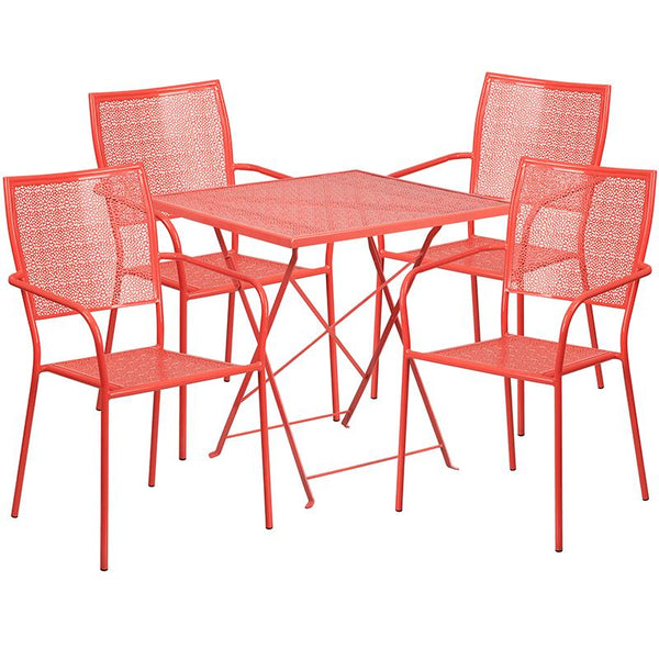 Flash Furniture 28'' Square Coral Indoor-Outdoor Steel Folding Patio Table Set with 4 Square Back Chairs - CO-28SQF-02CHR4-RED-GG