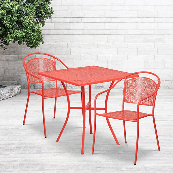 Flash Furniture 28'' Square Coral Indoor-Outdoor Steel Patio Table Set with 2 Round Back Chairs - CO-28SQ-03CHR2-RED-GG