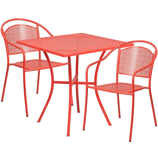 Flash Furniture 28'' Square Coral Indoor-Outdoor Steel Patio Table Set with 2 Round Back Chairs - CO-28SQ-03CHR2-RED-GG