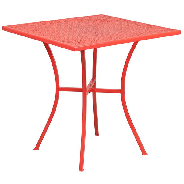 Flash Furniture 28'' Square Coral Indoor-Outdoor Steel Patio Table Set with 2 Round Back Chairs - CO-28SQ-03CHR2-RED-GG