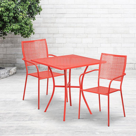 Flash Furniture 28'' Square Coral Indoor-Outdoor Steel Patio Table Set with 2 Square Back Chairs - CO-28SQ-02CHR2-RED-GG