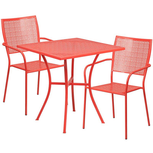 Flash Furniture 28'' Square Coral Indoor-Outdoor Steel Patio Table Set with 2 Square Back Chairs - CO-28SQ-02CHR2-RED-GG