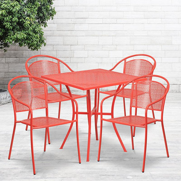 Flash Furniture 28'' Square Coral Indoor-Outdoor Steel Patio Table Set with 4 Round Back Chairs - CO-28SQ-03CHR4-RED-GG