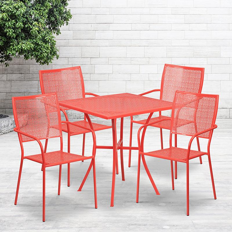 Flash Furniture 28'' Square Coral Indoor-Outdoor Steel Patio Table Set with 4 Square Back Chairs - CO-28SQ-02CHR4-RED-GG
