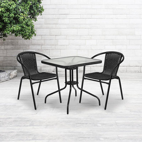 Flash Furniture 28'' Square Glass Metal Table with Black Rattan Edging and 2 Black Rattan Stack Chairs - TLH-073SQ-037BK2-GG