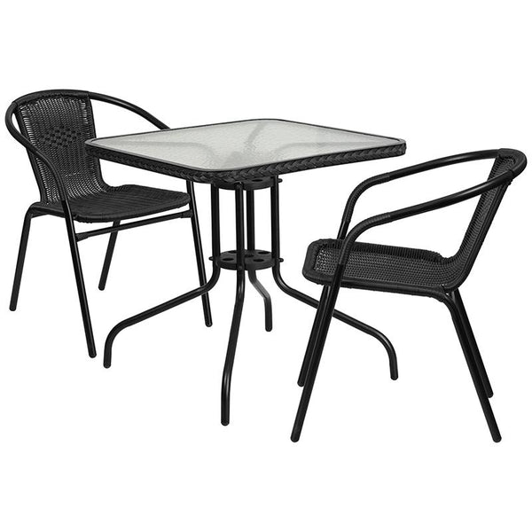 Flash Furniture 28'' Square Glass Metal Table with Black Rattan Edging and 2 Black Rattan Stack Chairs - TLH-073SQ-037BK2-GG