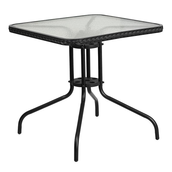 Flash Furniture 28'' Square Glass Metal Table with Black Rattan Edging and 2 Black Rattan Stack Chairs - TLH-073SQ-037BK2-GG