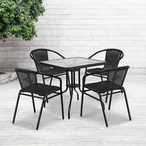 Flash Furniture 28'' Square Glass Metal Table with Black Rattan Edging and 4 Black Rattan Stack Chairs - TLH-073SQ-037BK4-GG