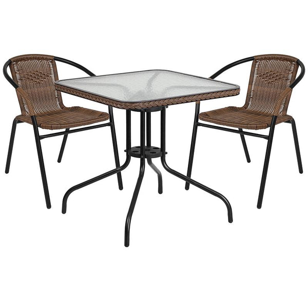 Flash Furniture 28'' Square Glass Metal Table with Dark Brown Rattan Edging and 2 Dark Brown Rattan Stack Chairs - TLH-073SQ-037BN2-GG