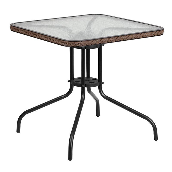 Flash Furniture 28'' Square Glass Metal Table with Dark Brown Rattan Edging and 2 Dark Brown Rattan Stack Chairs - TLH-073SQ-037BN2-GG