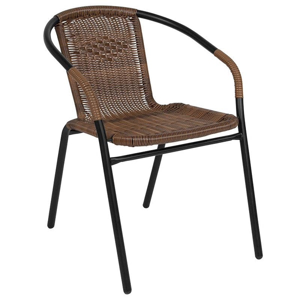 Flash Furniture 28'' Square Glass Metal Table with Dark Brown Rattan Edging and 2 Dark Brown Rattan Stack Chairs - TLH-073SQ-037BN2-GG