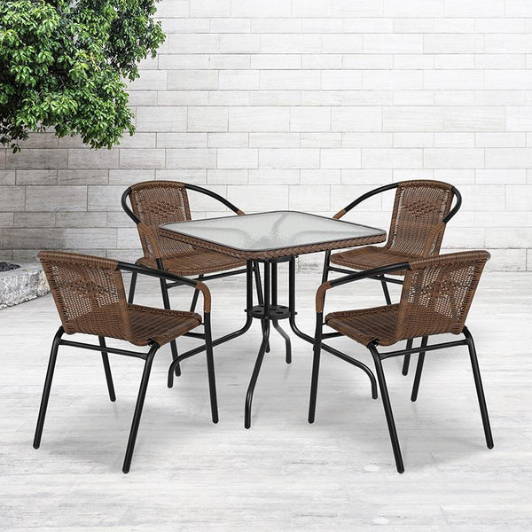 Flash Furniture 28'' Square Glass Metal Table with Dark Brown Rattan Edging and 4 Dark Brown Rattan Stack Chairs - TLH-073SQ-037BN4-GG