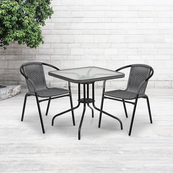 Flash Furniture 28'' Square Glass Metal Table with Gray Rattan Edging and 2 Gray Rattan Stack Chairs - TLH-073SQ-037GY2-GG