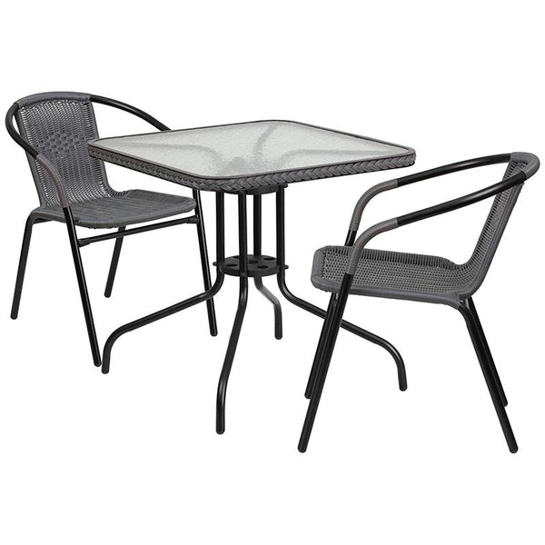 Flash Furniture 28'' Square Glass Metal Table with Gray Rattan Edging and 2 Gray Rattan Stack Chairs - TLH-073SQ-037GY2-GG