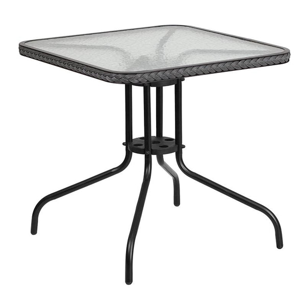 Flash Furniture 28'' Square Glass Metal Table with Gray Rattan Edging and 2 Gray Rattan Stack Chairs - TLH-073SQ-037GY2-GG