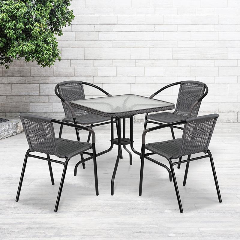 Flash Furniture 28'' Square Glass Metal Table with Gray Rattan Edging and 4 Gray Rattan Stack Chairs - TLH-073SQ-037GY4-GG