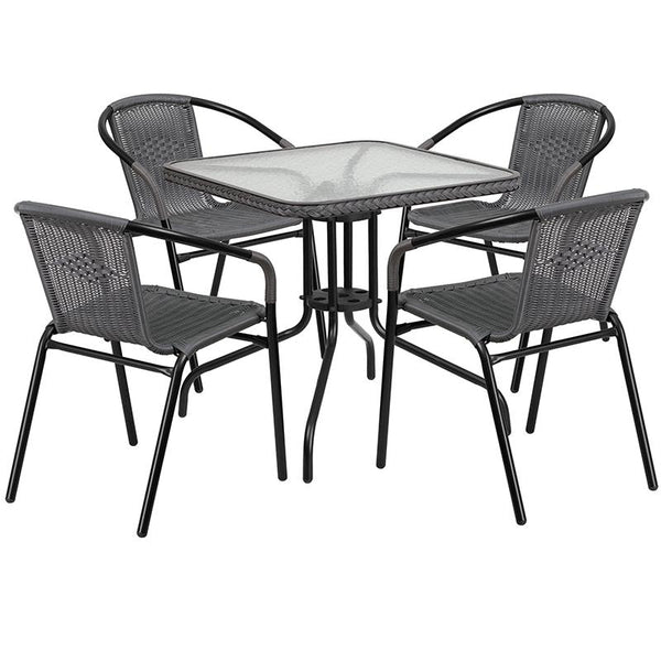 Flash Furniture 28'' Square Glass Metal Table with Gray Rattan Edging and 4 Gray Rattan Stack Chairs - TLH-073SQ-037GY4-GG