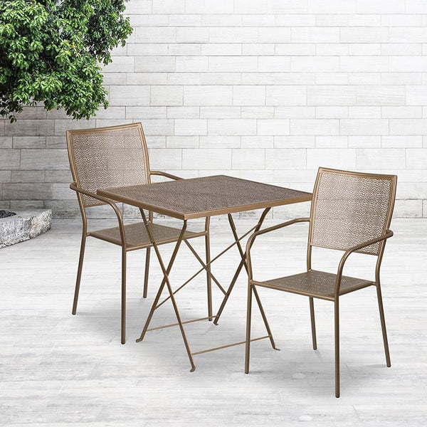 Flash Furniture 28'' Square Gold Indoor-Outdoor Steel Folding Patio Table Set with 2 Square Back Chairs - CO-28SQF-02CHR2-GD-GG