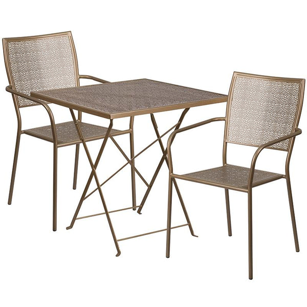 Flash Furniture 28'' Square Gold Indoor-Outdoor Steel Folding Patio Table Set with 2 Square Back Chairs - CO-28SQF-02CHR2-GD-GG