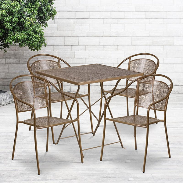 Flash Furniture 28'' Square Gold Indoor-Outdoor Steel Folding Patio Table Set with 4 Round Back Chairs - CO-28SQF-03CHR4-GD-GG