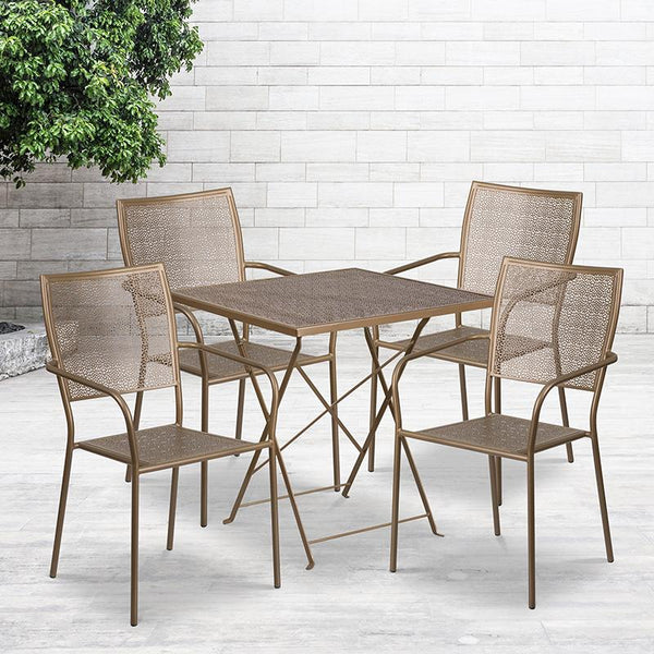 Flash Furniture 28'' Square Gold Indoor-Outdoor Steel Folding Patio Table Set with 4 Square Back Chairs - CO-28SQF-02CHR4-GD-GG