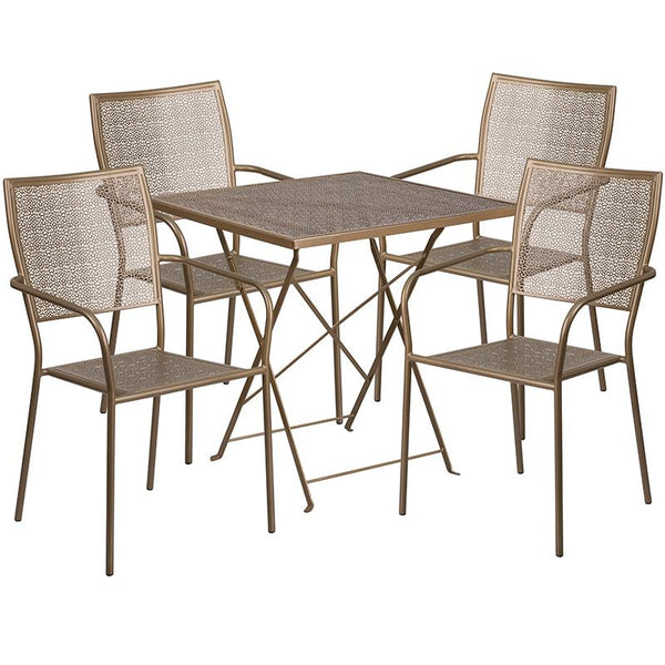 Flash Furniture 28'' Square Gold Indoor-Outdoor Steel Folding Patio Table Set with 4 Square Back Chairs - CO-28SQF-02CHR4-GD-GG