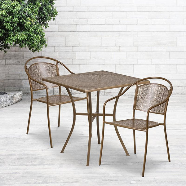 Flash Furniture 28'' Square Gold Indoor-Outdoor Steel Patio Table Set with 2 Round Back Chairs - CO-28SQ-03CHR2-GD-GG