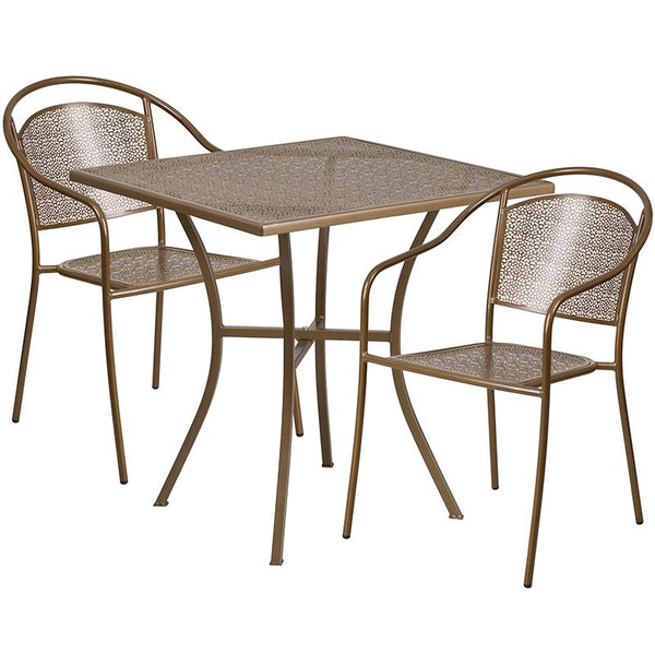 Flash Furniture 28'' Square Gold Indoor-Outdoor Steel Patio Table Set with 2 Round Back Chairs - CO-28SQ-03CHR2-GD-GG