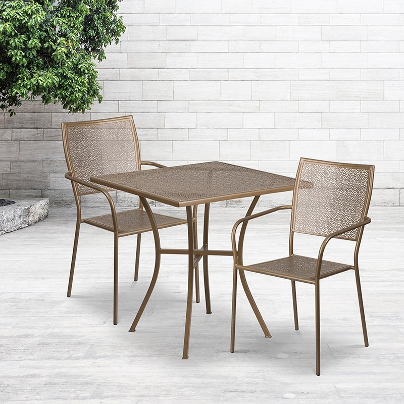 Flash Furniture 28'' Square Gold Indoor-Outdoor Steel Patio Table Set with 2 Square Back Chairs - CO-28SQ-02CHR2-GD-GG