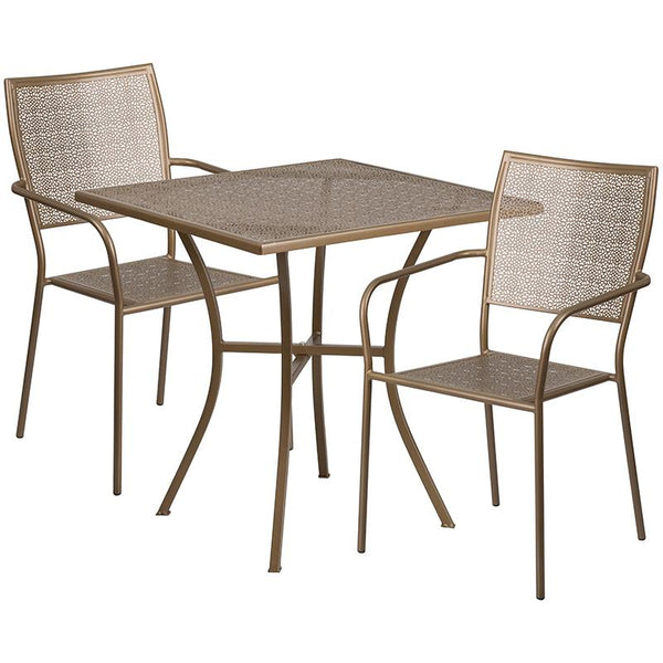Flash Furniture 28'' Square Gold Indoor-Outdoor Steel Patio Table Set with 2 Square Back Chairs - CO-28SQ-02CHR2-GD-GG