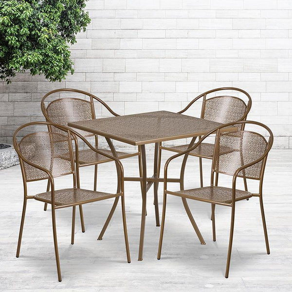 Flash Furniture 28'' Square Gold Indoor-Outdoor Steel Patio Table Set with 4 Round Back Chairs - CO-28SQ-03CHR4-GD-GG