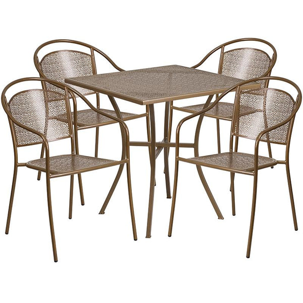 Flash Furniture 28'' Square Gold Indoor-Outdoor Steel Patio Table Set with 4 Round Back Chairs - CO-28SQ-03CHR4-GD-GG