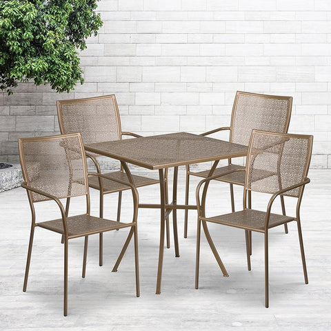 Flash Furniture 28'' Square Gold Indoor-Outdoor Steel Patio Table Set with 4 Square Back Chairs - CO-28SQ-02CHR4-GD-GG