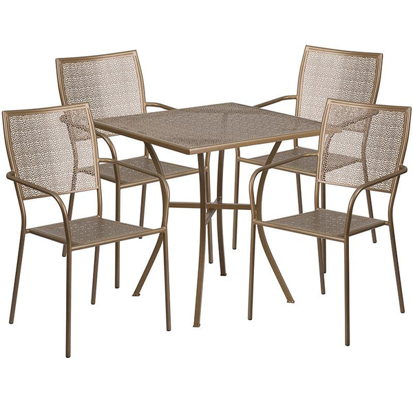 Flash Furniture 28'' Square Gold Indoor-Outdoor Steel Patio Table Set with 4 Square Back Chairs - CO-28SQ-02CHR4-GD-GG