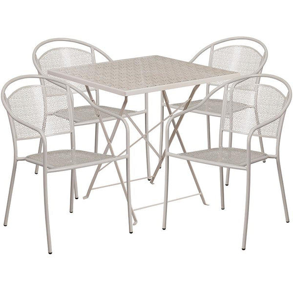 Flash Furniture 28'' Square Light Gray Indoor-Outdoor Steel Folding Patio Table Set with 4 Round Back Chairs - CO-28SQF-03CHR4-SIL-GG