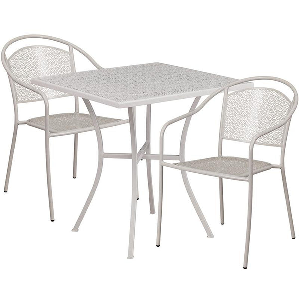 Flash Furniture 28'' Square Light Gray Indoor-Outdoor Steel Patio Table Set with 2 Round Back Chairs - CO-28SQ-03CHR2-SIL-GG