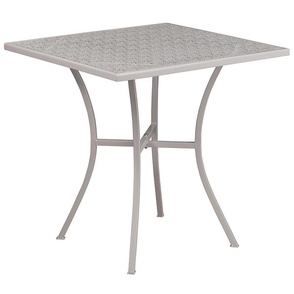 Flash Furniture 28'' Square Light Gray Indoor-Outdoor Steel Patio Table Set with 2 Round Back Chairs - CO-28SQ-03CHR2-SIL-GG