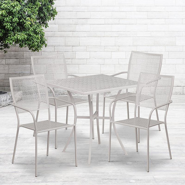 Flash Furniture 28'' Square Light Gray Indoor-Outdoor Steel Patio Table Set with 4 Square Back Chairs - CO-28SQ-02CHR4-SIL-GG