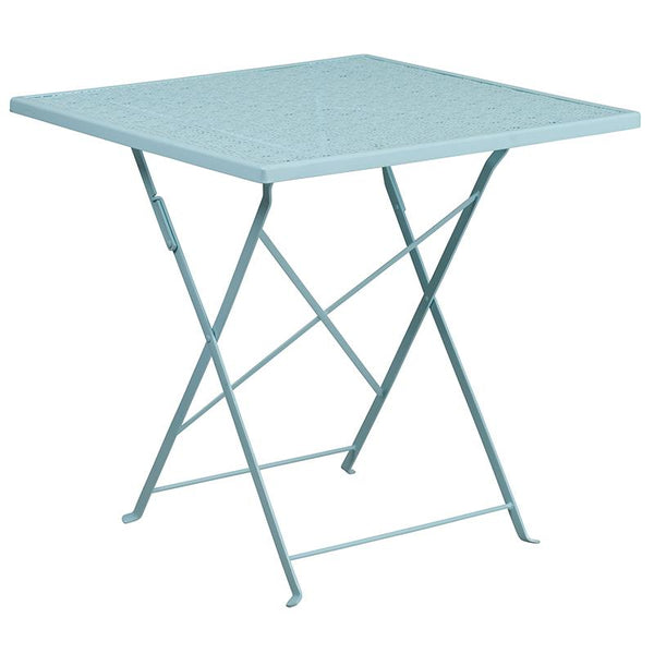 Flash Furniture 28'' Square Sky Blue Indoor-Outdoor Steel Folding Patio Table Set with 2 Round Back Chairs - CO-28SQF-03CHR2-SKY-GG