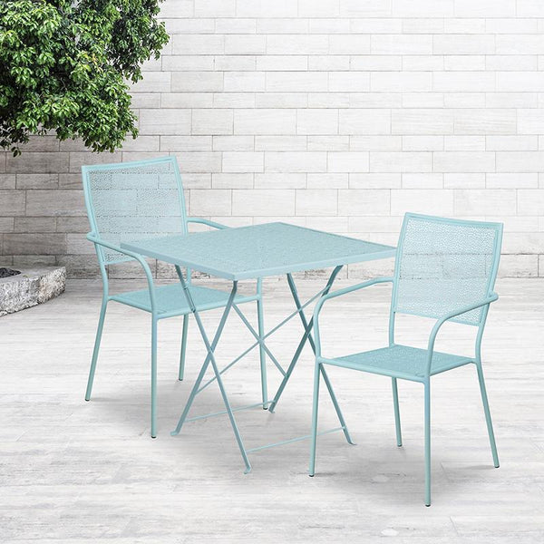 Flash Furniture 28'' Square Sky Blue Indoor-Outdoor Steel Folding Patio Table Set with 2 Square Back Chairs - CO-28SQF-02CHR2-SKY-GG