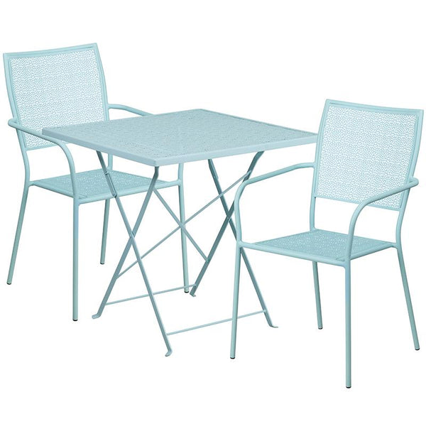 Flash Furniture 28'' Square Sky Blue Indoor-Outdoor Steel Folding Patio Table Set with 2 Square Back Chairs - CO-28SQF-02CHR2-SKY-GG