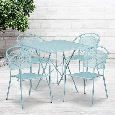 Flash Furniture 28'' Square Sky Blue Indoor-Outdoor Steel Folding Patio Table Set with 4 Round Back Chairs - CO-28SQF-03CHR4-SKY-GG