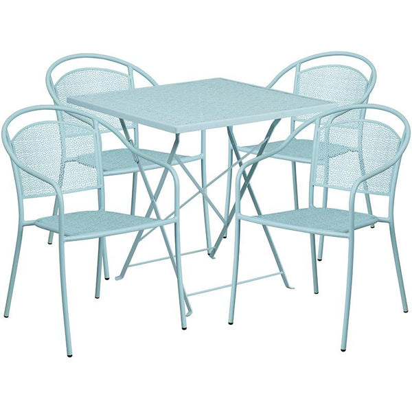 Flash Furniture 28'' Square Sky Blue Indoor-Outdoor Steel Folding Patio Table Set with 4 Round Back Chairs - CO-28SQF-03CHR4-SKY-GG