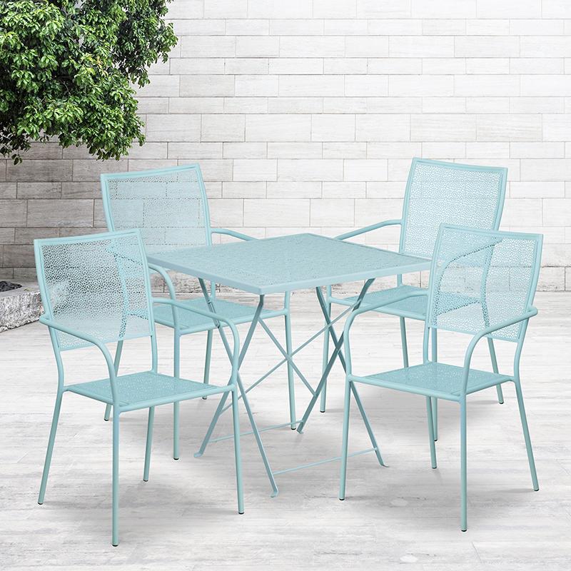 Flash Furniture 28'' Square Sky Blue Indoor-Outdoor Steel Folding Patio Table Set with 4 Square Back Chairs - CO-28SQF-02CHR4-SKY-GG