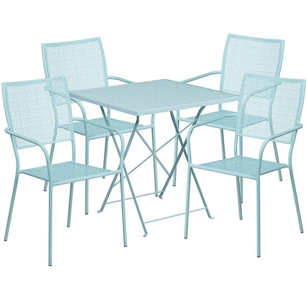 Flash Furniture 28'' Square Sky Blue Indoor-Outdoor Steel Folding Patio Table Set with 4 Square Back Chairs - CO-28SQF-02CHR4-SKY-GG